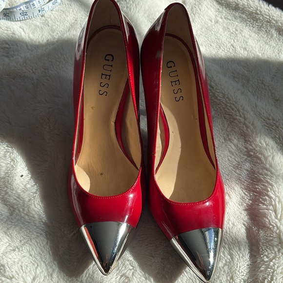 GUESS Red Patent Glossy Silver Toe Heels | Bold Date Night Pumps | Size 6 - Picture 2 of 10